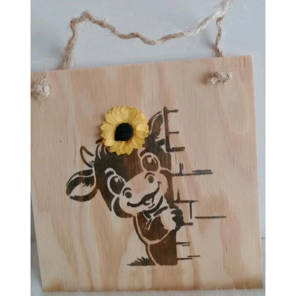 Handmade Cow & Sunflower Home Decor Wood Burnished 8 1/4 X 8 1/4Wall Hanging